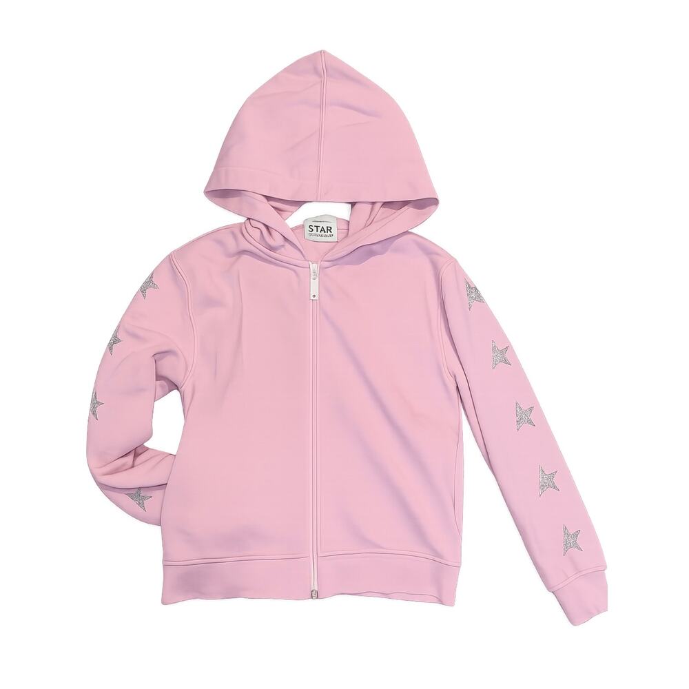 GOLDEN GOOSE STAR COLLECTION Pink Zip Hoodie Silver Glitter Stars Girls L/XL